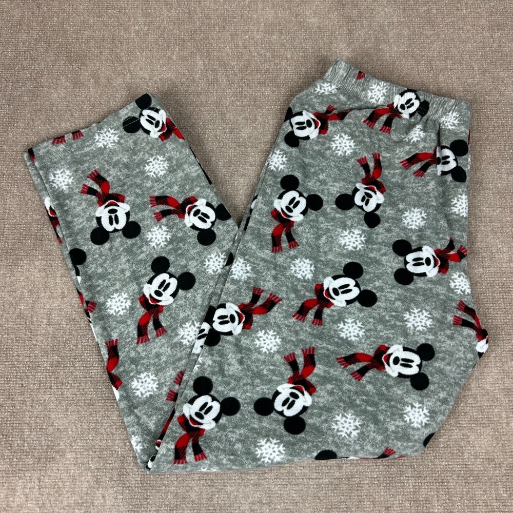 Disney Fleece Pajama Pants Women XL Gray Mickey Mouse Scarf Snowflakes Christmas